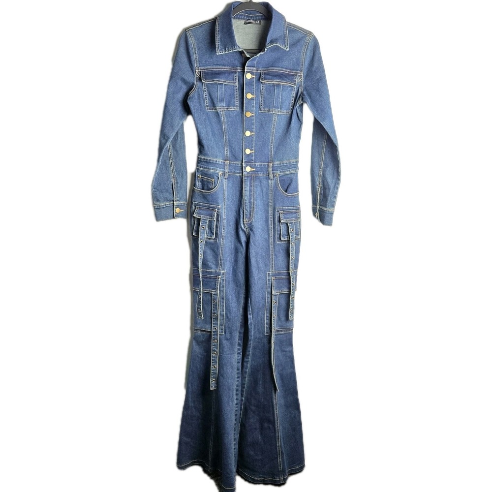 Rehab Lab Denim Flare Leg Jumpsuit Small Stretch Utility Gorpcore Festival 70s